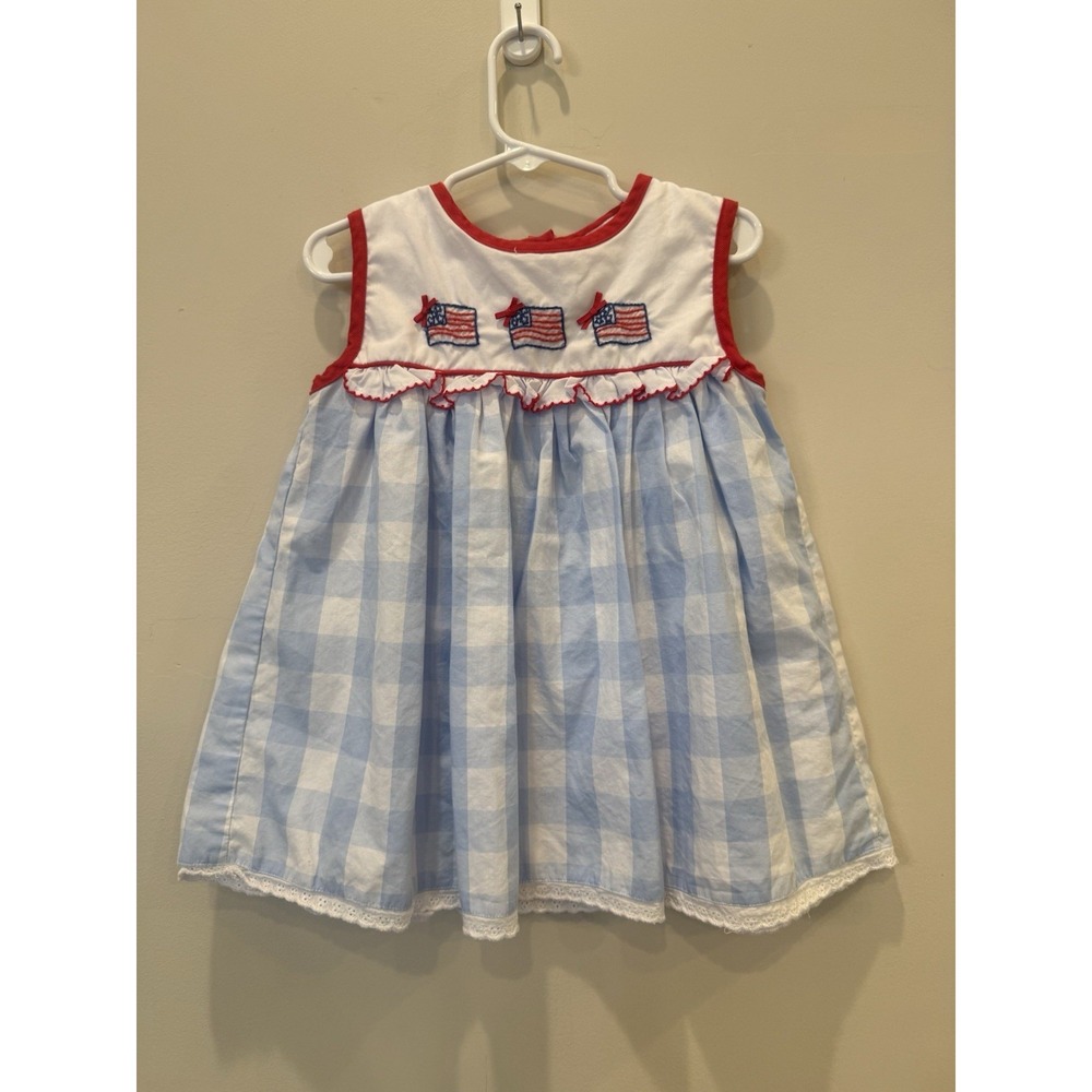 Toddler Girls American Flag Embroidered Patriotic, Gingham Shirt Size 5T